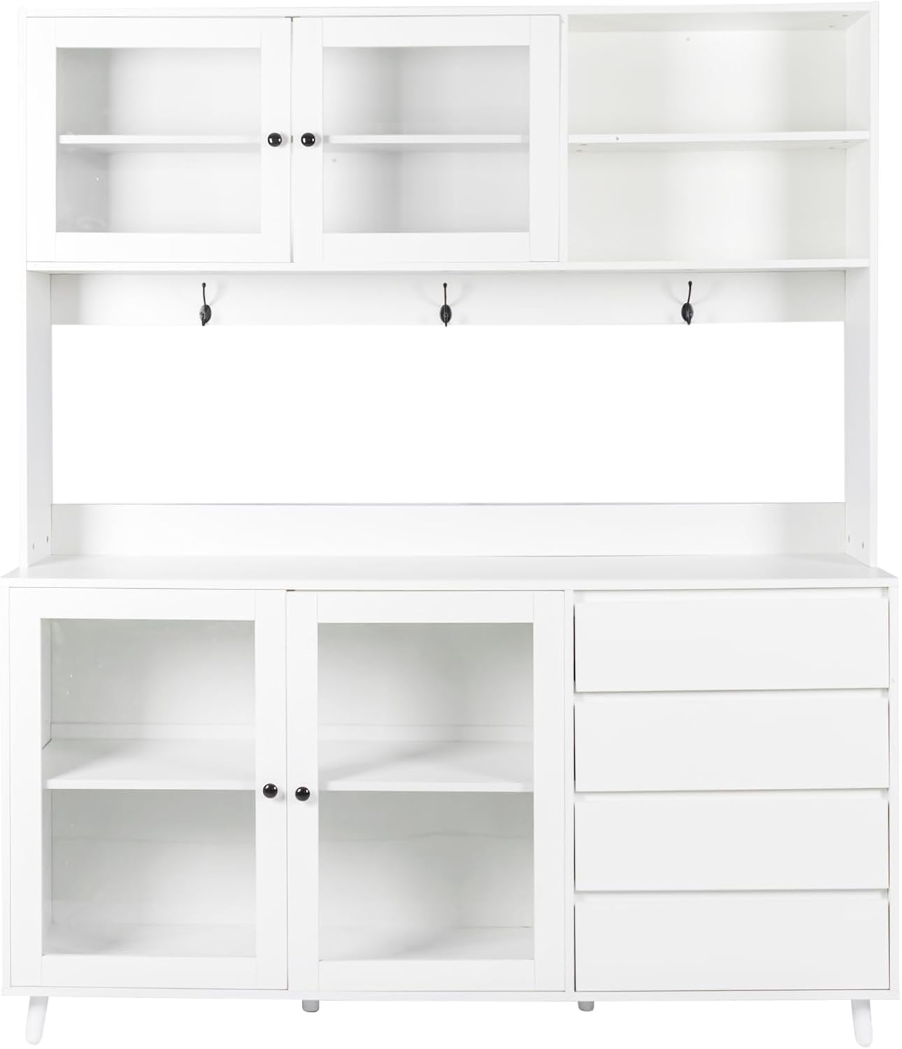 63' Kitchen Pantry Cabinet with Doors and Shelves, Bakers Rack Coffee Station with 4 Drawers and Hooks, Freestanding Storage for Kitchen Garage Office, White