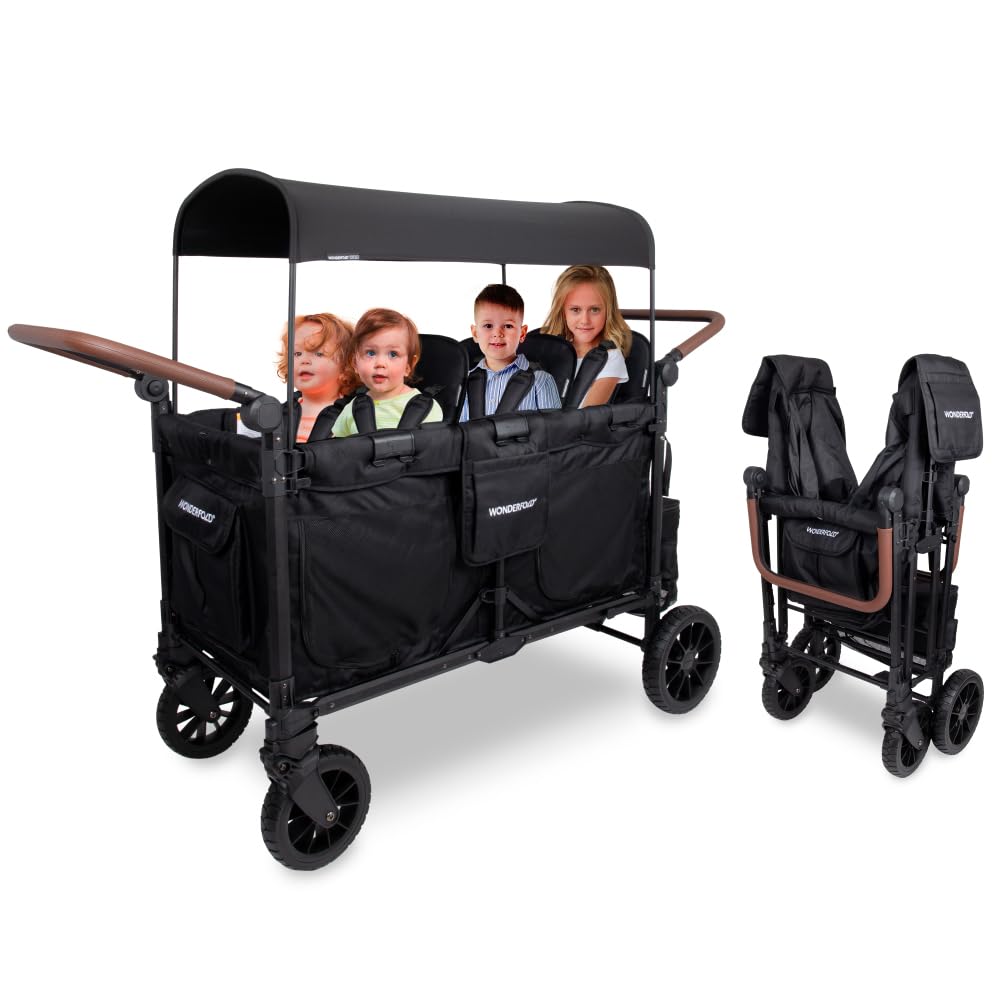 WonderFold W6 Luxe Pro Stroller Wagon - Collapsible Stroller Wagon with Aluminum Frame - Adjustable Canopy & Push Handle - XL All-Terrain Wheels - for Babies, Toddlers & Kids - 6 Seater - Black