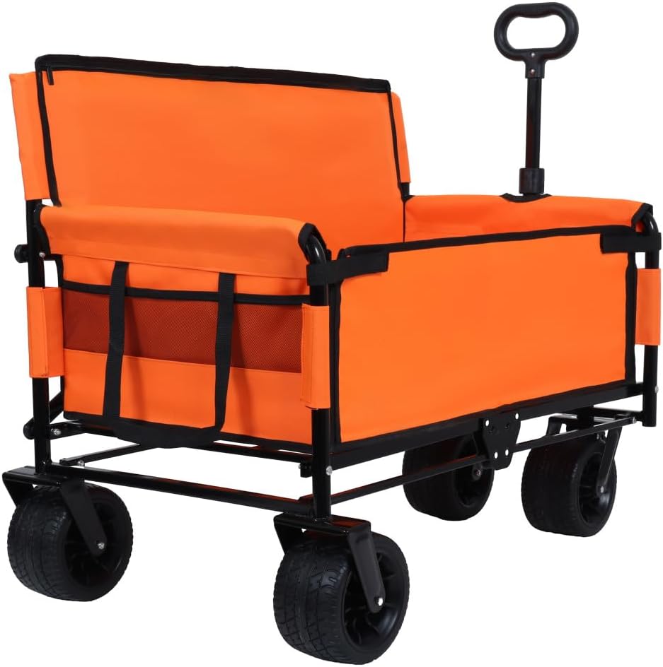 Heavy-Duty Folding Utility Wagon with All-Terrain Wheels and Convertible Seat – 500 lb Capacity, 180L Cargo Space for Outdoor Activities (Orange + Steel)