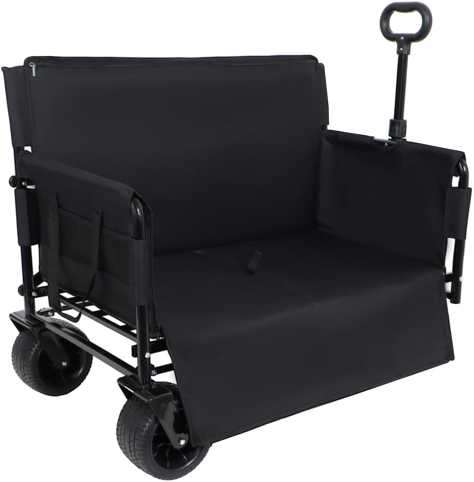 Heavy-Duty Folding Utility Wagon with All-Terrain Wheels and Convertible Seat – 500 lb Capacity, 180L Cargo Space for Outdoor Activities (Black + Steel)