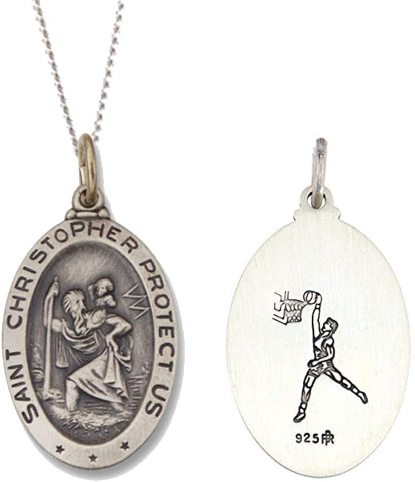 925 Sterling Silver Polished Antiqued-Finish Double Sided Saint Christopher Oval Sports Pendant Medal Necklaces