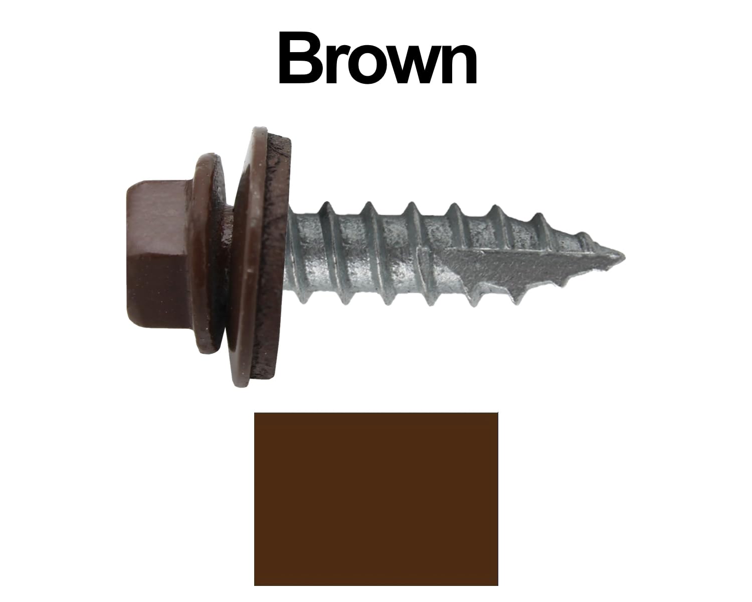 14 x 1 Brown Metal Roofing Screws - Hex Washer Head- Self-Starting/Tapping - EPDM Washer. 8 X 250 Bags - 2,000 Screws