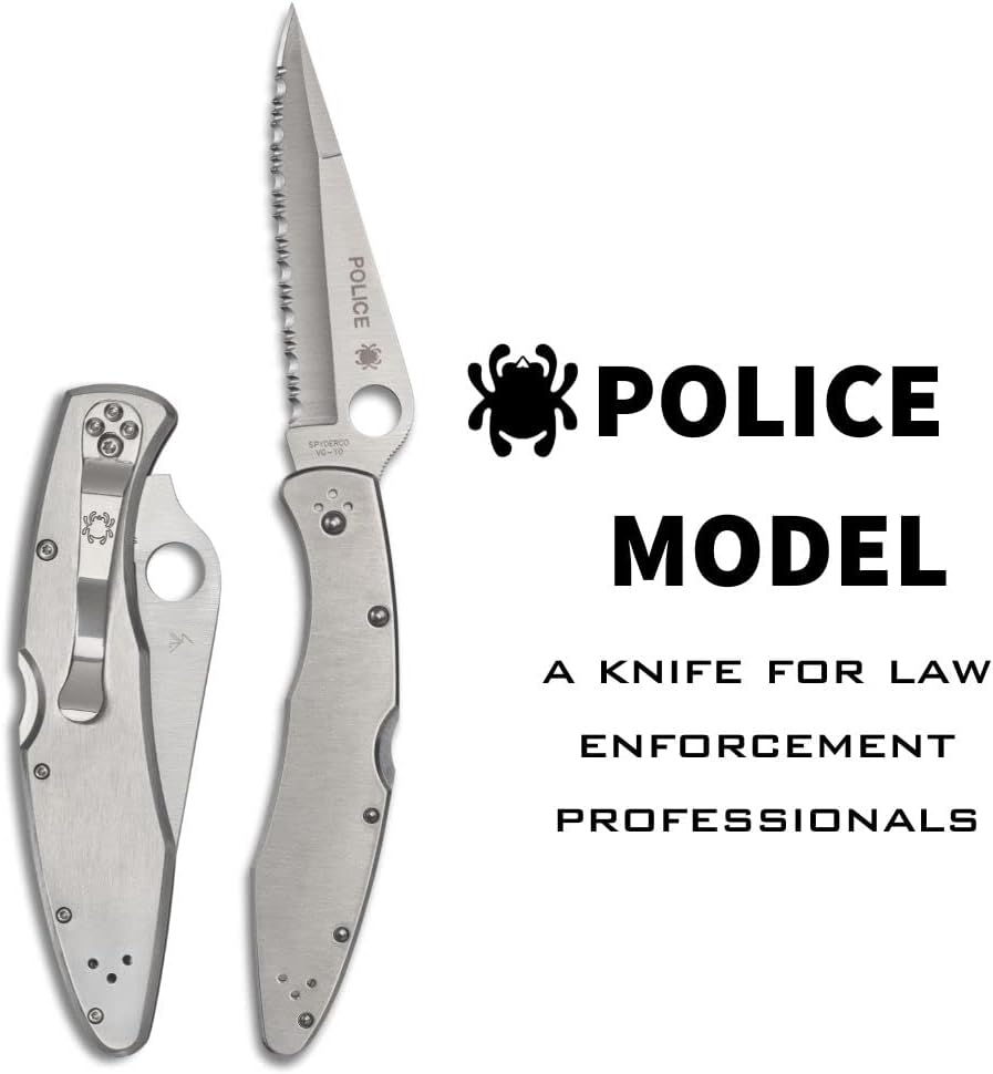 Spyderco Police Model Folding Pocket Knife with 4.2' VG-10 Steel Blade and Stainless Steel Handle - EDC Knife for Men and Women, Perfect for Hunting, Tactical, Camping, Survival - SpyderEdge - C07S