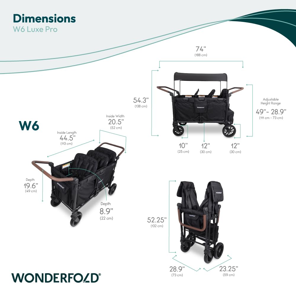WonderFold W6 Luxe Pro Stroller Wagon - Collapsible Stroller Wagon with Aluminum Frame - Adjustable Canopy & Push Handle - XL All-Terrain Wheels - for Babies, Toddlers & Kids - 6 Seater - Black