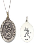 925 Sterling Silver Polished Antiqued-Finish Double Sided Saint Christopher Oval Sports Pendant Medal Necklaces