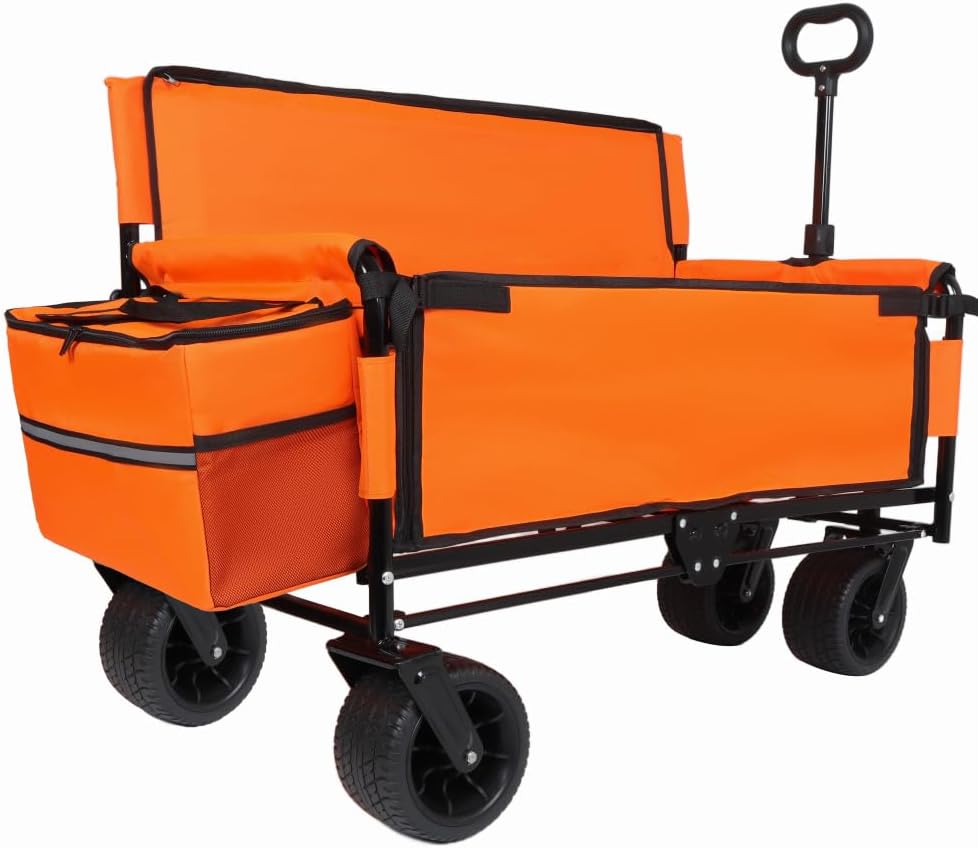 3-in-1 Folding Wagon Cart with Bench Seat and Storage, Heavy-Duty All-Terrain Utility Cart with Removable Cooler Pouch, 500lbs Capacity for Camping, Beach, Sports, and Garden (Orange + Steel)