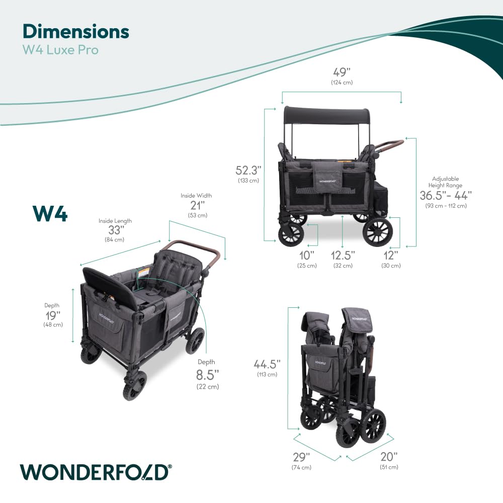 WonderFold W4 Luxe Pro Stroller Wagon - Collapsible Stroller Wagon with Aluminum Frame - Adjustable Canopy & Push Handle - XL All-Terrain Wheels - For Babies, Toddlers & Kids - 4 Seater - Gray