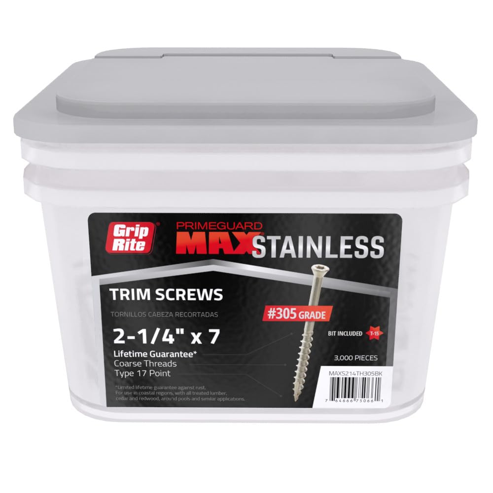 Grip-Rite PrimeGuard Max Trim Screws for Outdoor Projects - Trim Head - Coarse Thread Wood Screws - T15 Star Drive - 305 Stainless Steel - #7 x 2-1/4' - 3000 Screws - MAXS214TH305BK