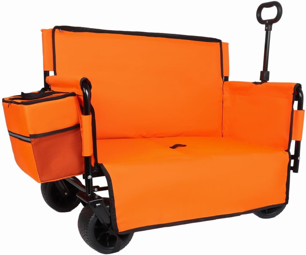 3-in-1 Folding Wagon Cart with Bench Seat and Storage, Heavy-Duty All-Terrain Utility Cart with Removable Cooler Pouch, 500lbs Capacity for Camping, Beach, Sports, and Garden (Orange + Steel)