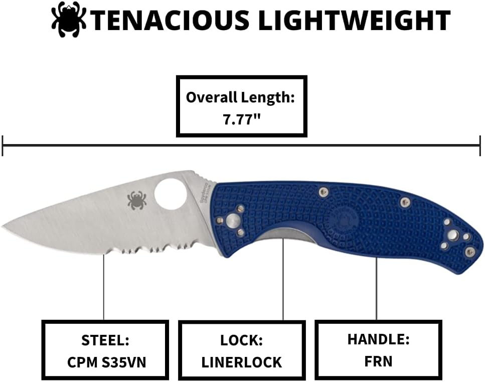 Spyderco Tenacious Lightweight Folding Utility Pocket Knife with 3.39' CPM S35VN Steel Blade and Blue nylon Handle - Everyday Carry - CombinationEdge - C122PSBL | 3.3' CPM S35VN Steel Blade, Blue, FRN Handle