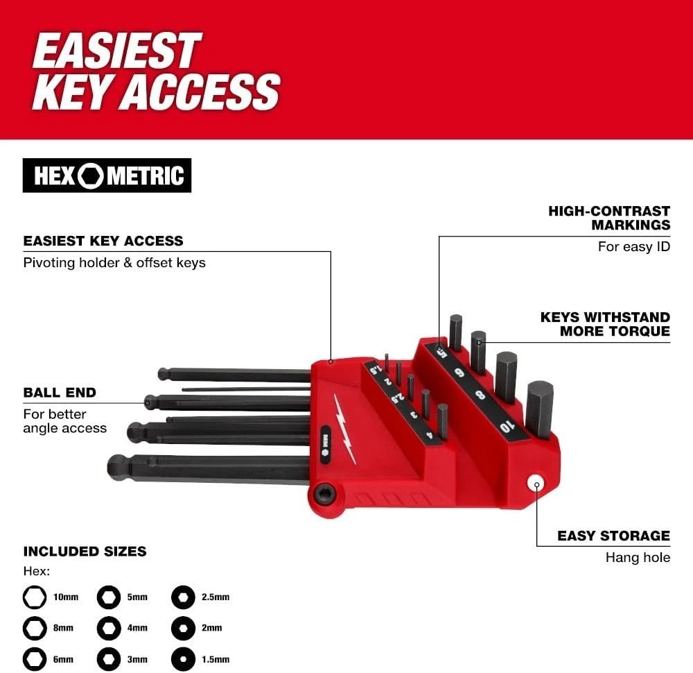 48-22-2187 Hex Key for Milwaukee 22-Key Ball End L-Key Set Red/Black - SAE/Metric