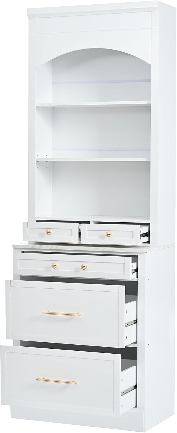 84' Modern Design Freestanding Storage Cabinet, Kitchen Storage Bakers Rack with Sturdy P2 MDF Frame, Utility Food Cupboard with 5 Storage Drawers for Kitchen/Dining Room/Living Space, White