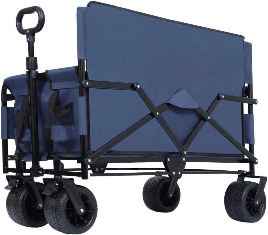 Heavy-Duty Folding Utility Wagon with All-Terrain Wheels and Convertible Seat – 500 lb Capacity, 180L Cargo Space for Outdoor Activities (Dark Blue + Steel)
