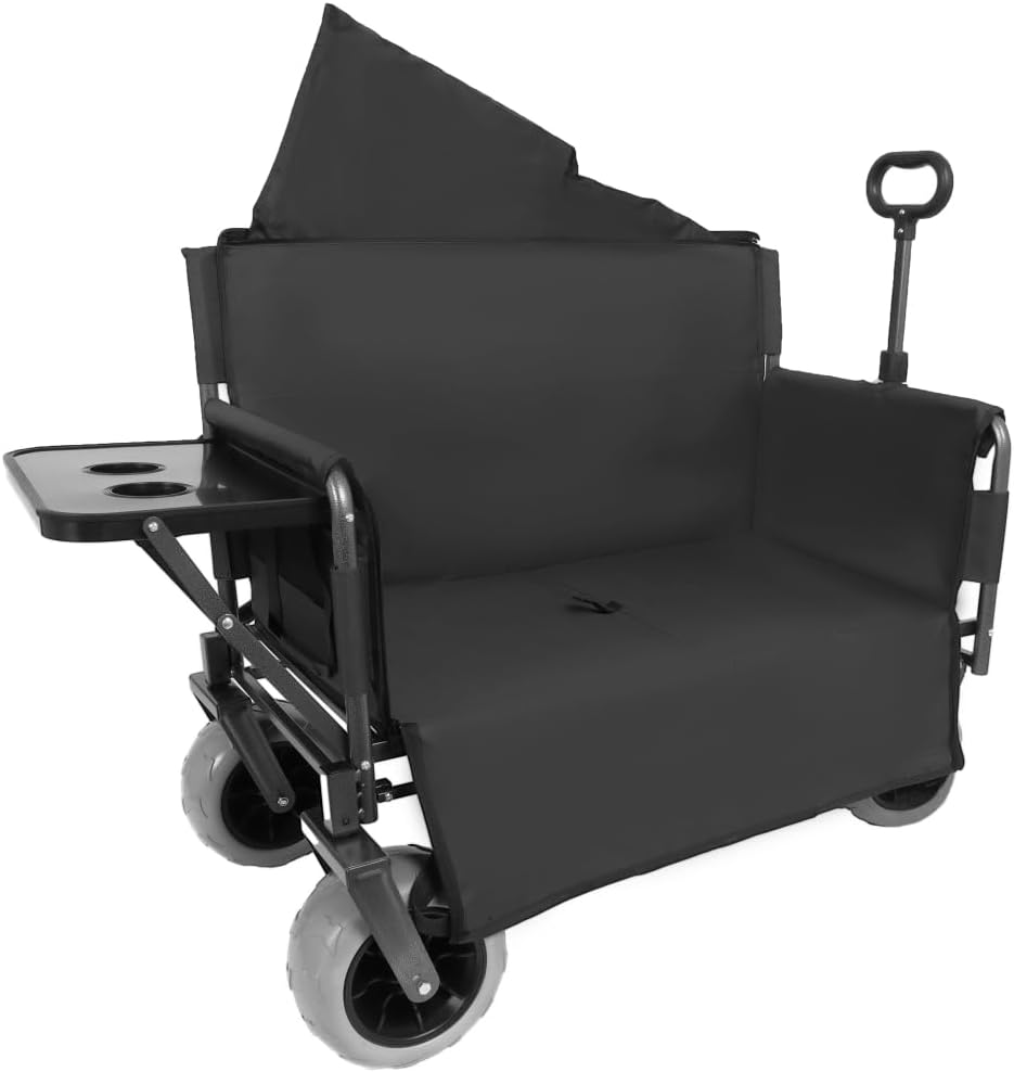 Heavy-Duty Folding Wagon with Bench Seat and Rear Folding Tabletop – 500-Pound Capacity, All-Terrain Beach Wheels for Outdoor Use (Black + Steel)