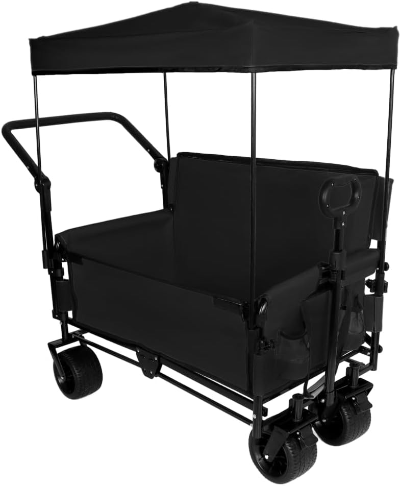 Heavy-Duty Folding Wagon Cart with Canopy, Bench Seat & Storage Compartment for Outdoor Activities, Beach Trips, Camping, Sports Events and Garden Use (Black + Steel)