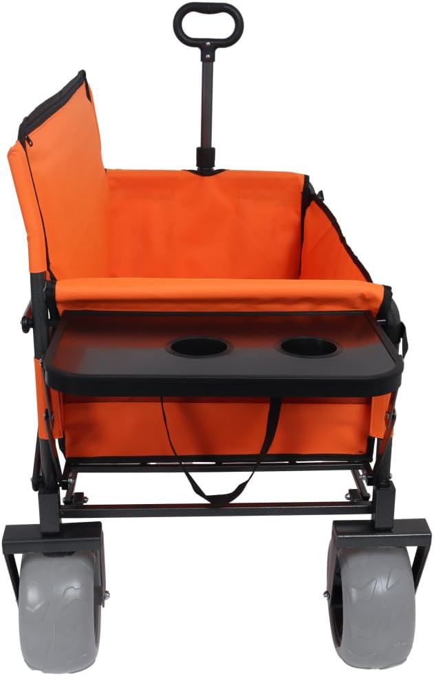 Heavy-Duty Folding Wagon with Bench Seat and Rear Folding Tabletop – 500-Pound Capacity, All-Terrain Beach Wheels for Outdoor Use (Orange + Steel)