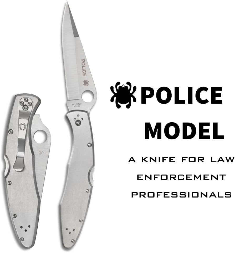 Spyderco Police Model Folding Pocket Knife with 4.2' VG-10 Steel Blade and Stainless Steel Handle - EDC Knife for Men and Women, Perfect for Hunting, Tactical, Camping, Survival - PlainEdge - C07P