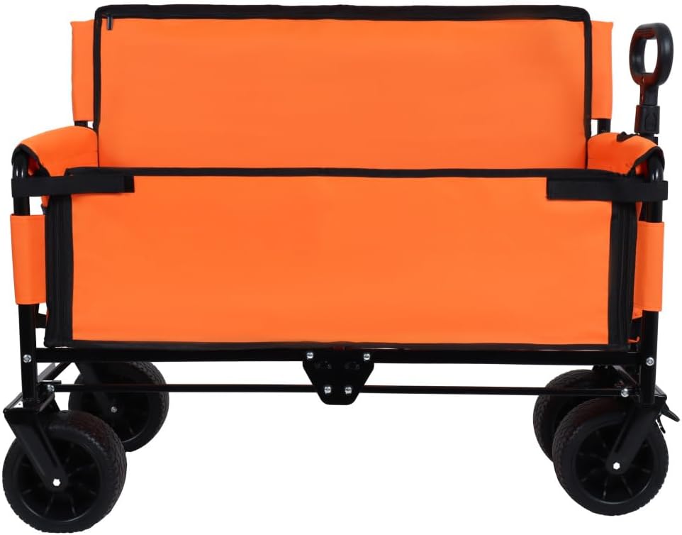 Heavy-Duty Folding Utility Wagon with All-Terrain Wheels and Convertible Seat – 500 lb Capacity, 180L Cargo Space for Outdoor Activities (Orange + Steel)