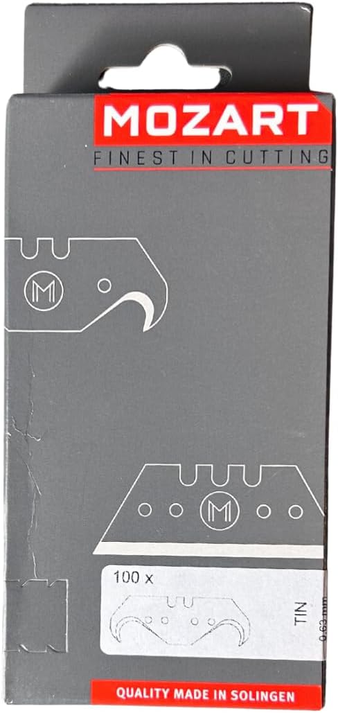 Mozart Universal TiN Super Hook Blade: RC65 High-Carbon Steel, Titanium Nitride coating. Ideal for roofing, flooring, drywall, and more. Made in Germany. (100 Pack)