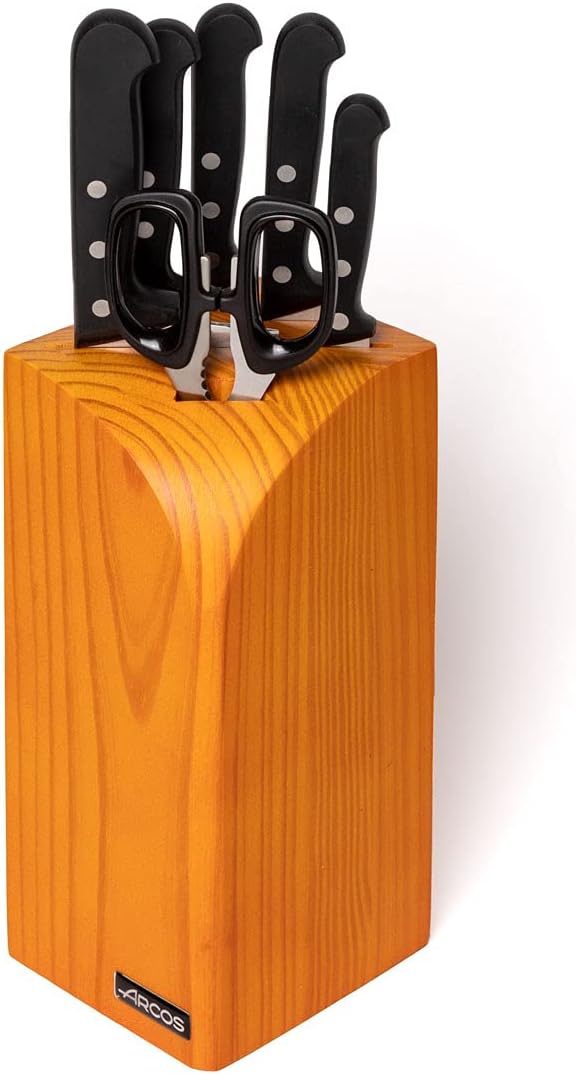 ARCOS Knife Set 6 pieces Nitrum Stainless Steel. 3760 gr. Pine Wood Block. Ergonomic Polyoxymethylene POM Handle. Series Universal. Greater control. Color Black.