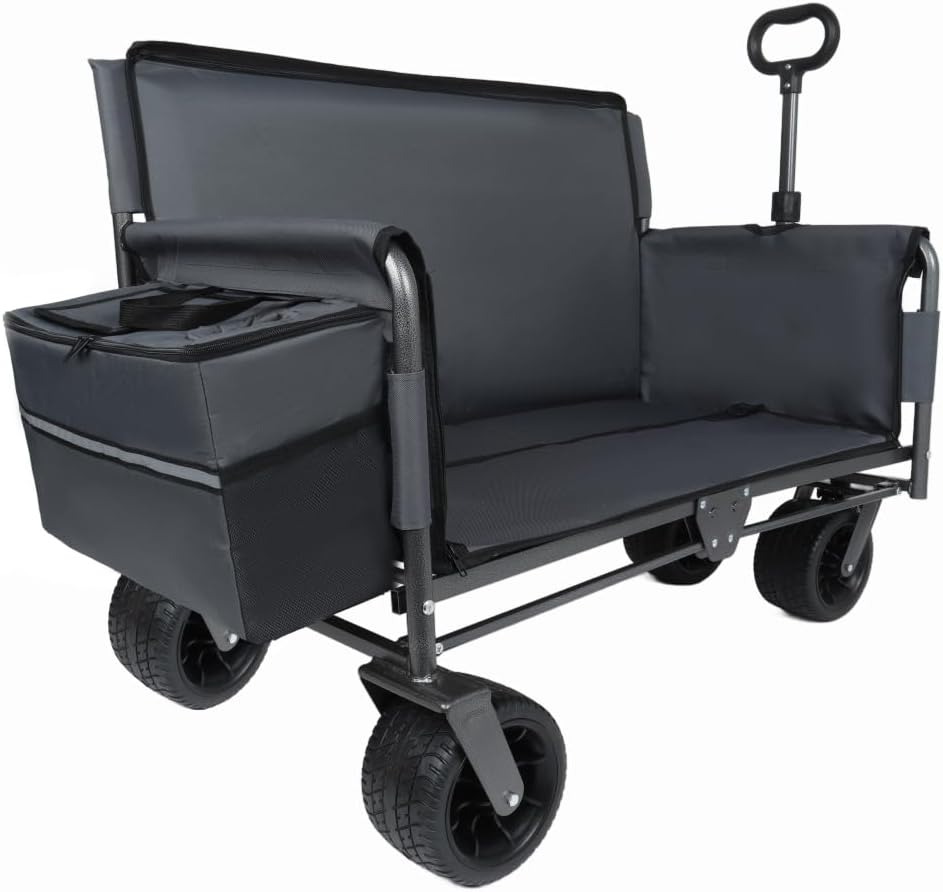 3-in-1 Folding Wagon Cart with Bench Seat and Storage, Heavy-Duty All-Terrain Utility Cart with Removable Cooler Pouch, 500lbs Capacity for Camping, Beach, Sports, and Garden (Gray + Steel)