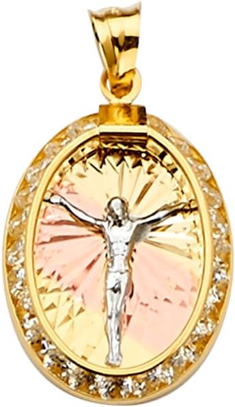 TGDJ 14K Tri Color Gold Jesus Medal Pendant - Crucifix Charm Polish Finish - Handmade Spiritual Symbol - Gold Stamped Fine Jewelry - Great Gift for Men & Women for Occasions, 23 x 15 mm, 1.2 gms