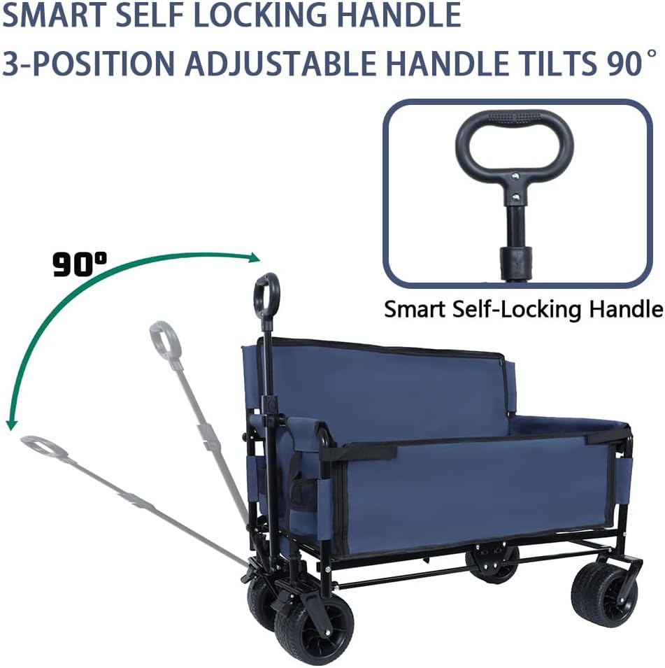 3-in-1 Convertible Folding Wagon Cart with Seat & Storage, 500lbs Heavy-Duty Utility Wagon, 180L Capacity, All-Terrain 360° Swivel Wheels for Camping, Beach, Sports, Garden (Dark Blue)