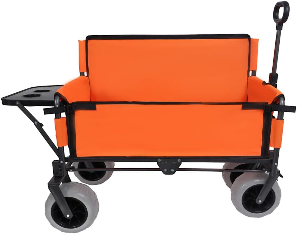 Heavy-Duty Folding Wagon with Bench Seat and Rear Folding Tabletop – 500-Pound Capacity, All-Terrain Beach Wheels for Outdoor Use (Orange + Steel)