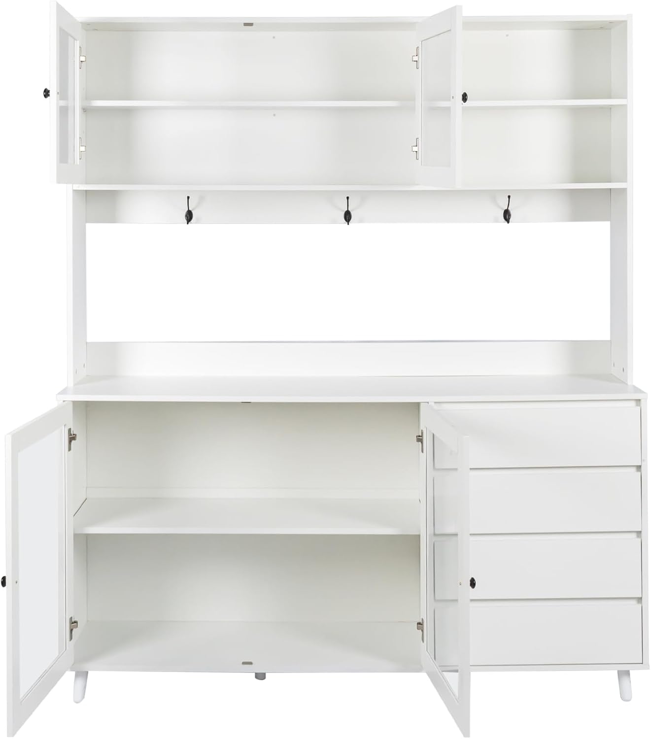 63' Kitchen Pantry Cabinet with Doors and Shelves, Bakers Rack Coffee Station with 4 Drawers and Hooks, Freestanding Storage for Kitchen Garage Office, White