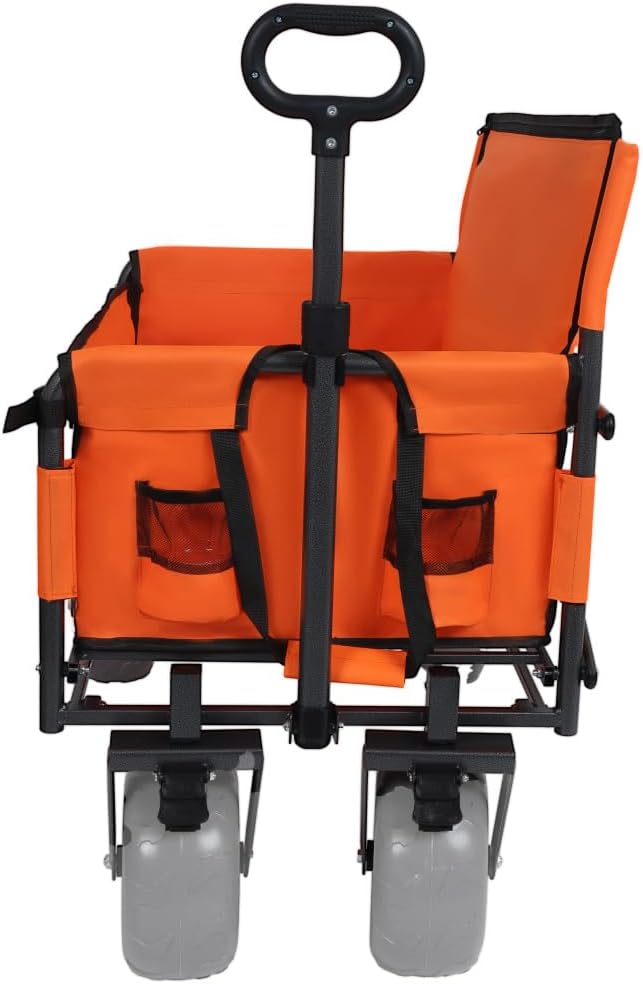 Heavy-Duty Folding Wagon with Bench Seat and Rear Folding Tabletop – 500-Pound Capacity, All-Terrain Beach Wheels for Outdoor Use (Orange + Steel)