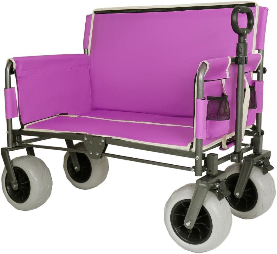 Heavy-Duty Foldable Utility Wagon with All-Terrain Wheels, Bench Seat & Large Storage Capacity for Outdoor Activities, Garden, Beach and Sports (Purple + Steel)