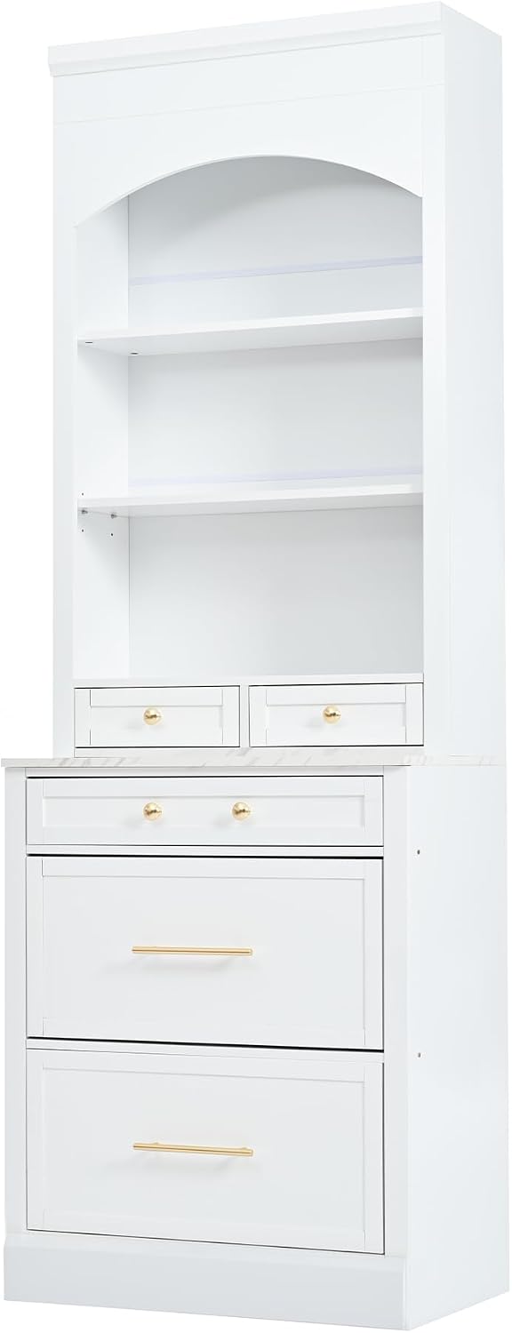 84' Faux Marble-Top Freestanding Storage Cabinet, Kitchen Storage Bakers Rack with 5 Drawers, Utility Food Cupboard with Adjustable Shelf for Kitchen/Dining Room/Living Space, White