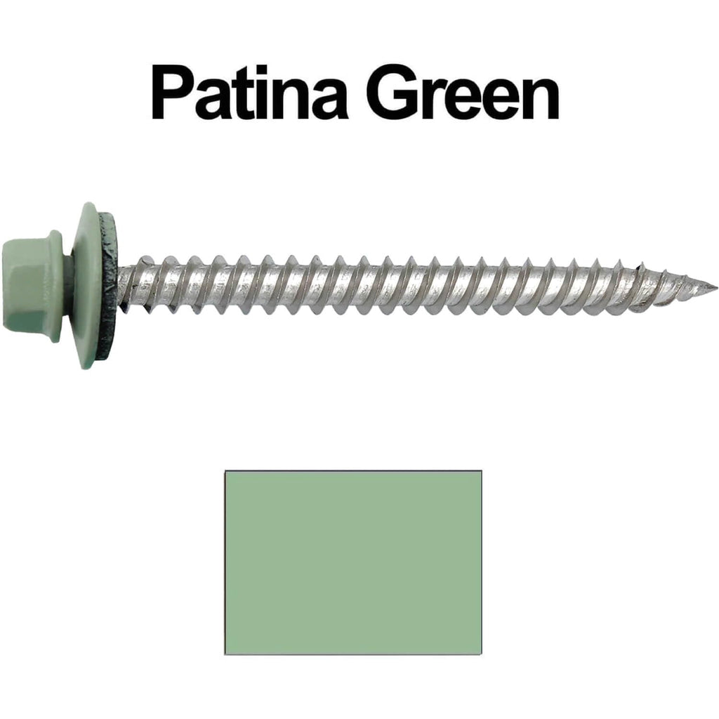 Stainless Steel Metal Roofing Screw:PATINA GREEN (250) 12 x 2-1/2' Hex Sheet Metal Roof Screw. Sharp Point metal to wood siding screws. 5/8' EPDM washer.