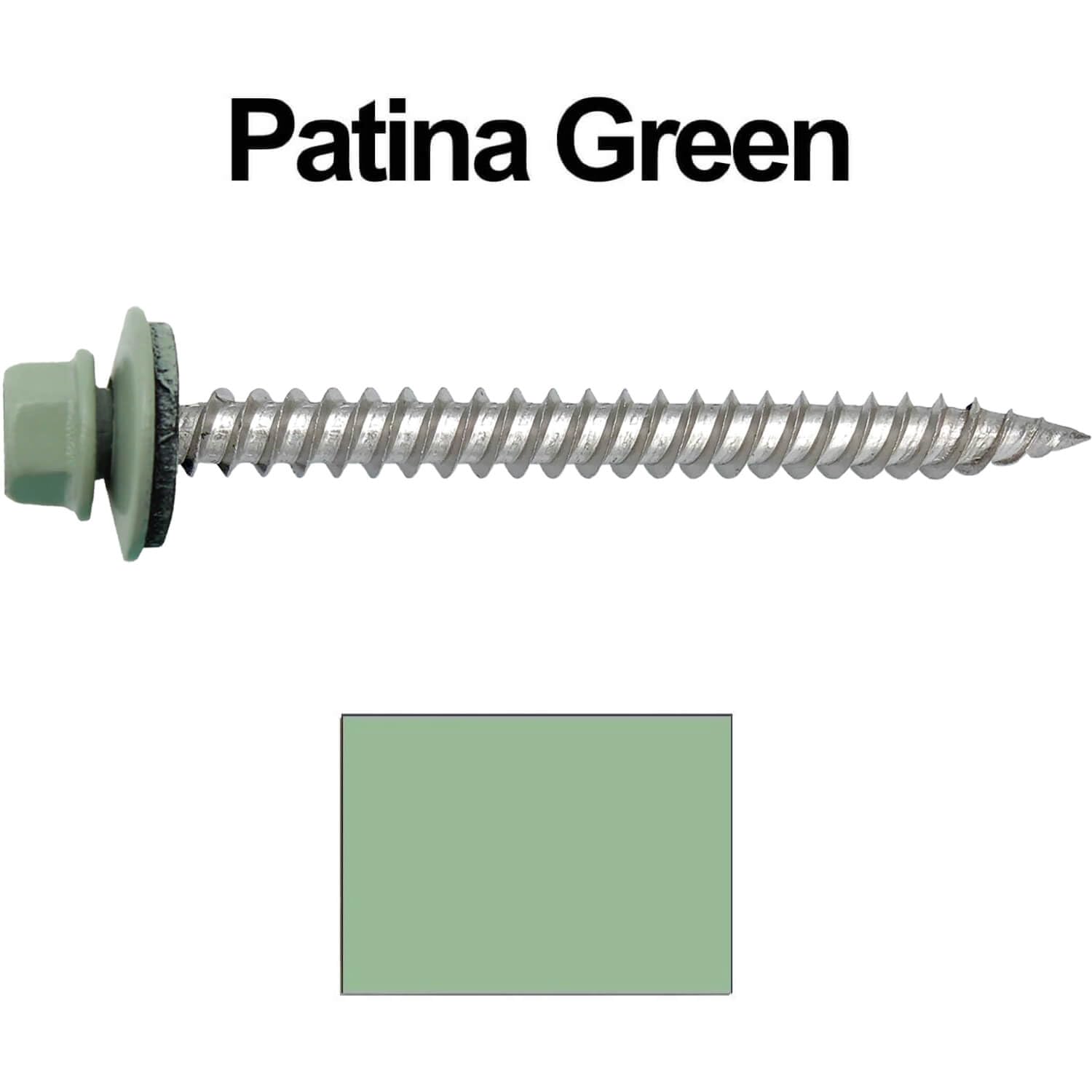 Stainless Steel Metal Roofing Screw:PATINA GREEN (250) 12 x 2-1/2' Hex Sheet Metal Roof Screw. Sharp Point metal to wood siding screws. 5/8' EPDM washer.