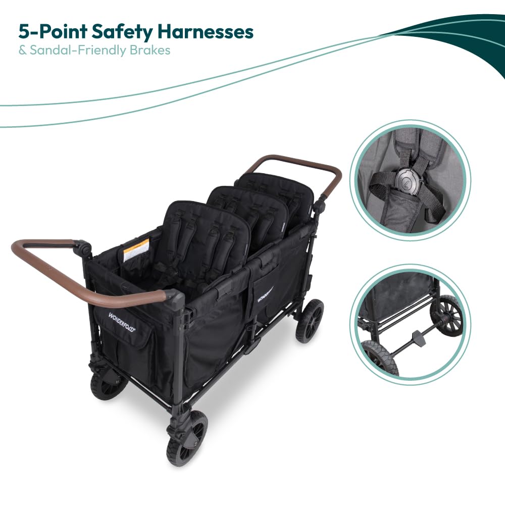 WonderFold W6 Luxe Pro Stroller Wagon - Collapsible Stroller Wagon with Aluminum Frame - Adjustable Canopy & Push Handle - XL All-Terrain Wheels - for Babies, Toddlers & Kids - 6 Seater - Black