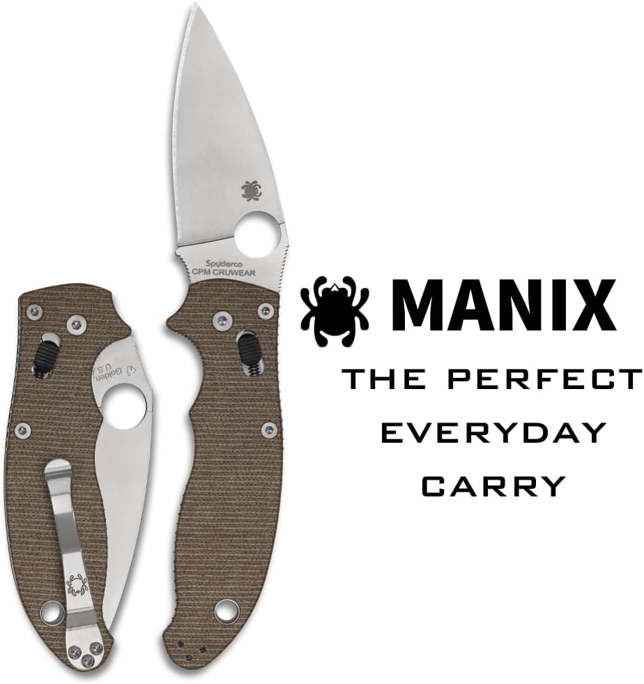 Spyderco Manix 2 Folding Pocket Knife with 3.3' CPM Cru-Wear Steel Blade and Micarta Handle - EDC Knife for Men and Women, Perfect for Hunting, Tactical, Camping, Survival - PlainEdge - C101MPCW2