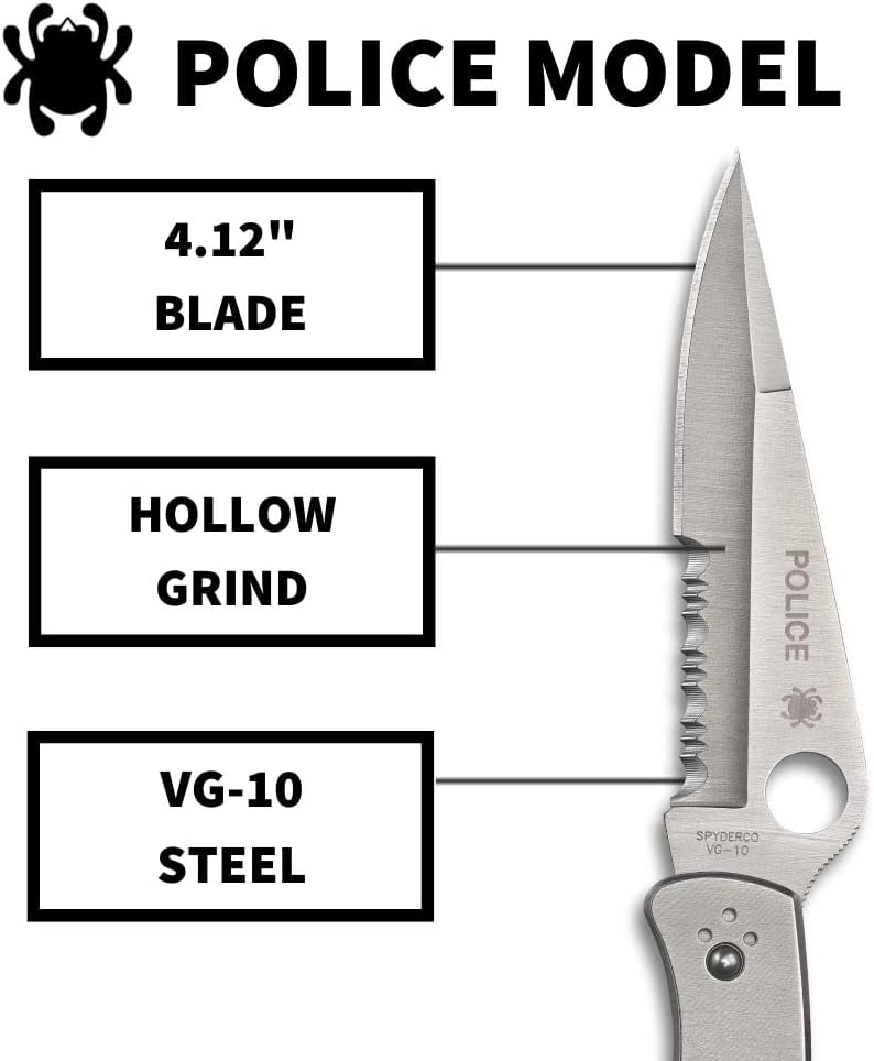 Spyderco Police Model Folding Pocket Knife with 4.2' VG-10 Steel Blade and Stainless Steel Handle - EDC Knife for Men and Women, Perfect for Hunting, Tactical, Camping - CombinationEdge - C07PS