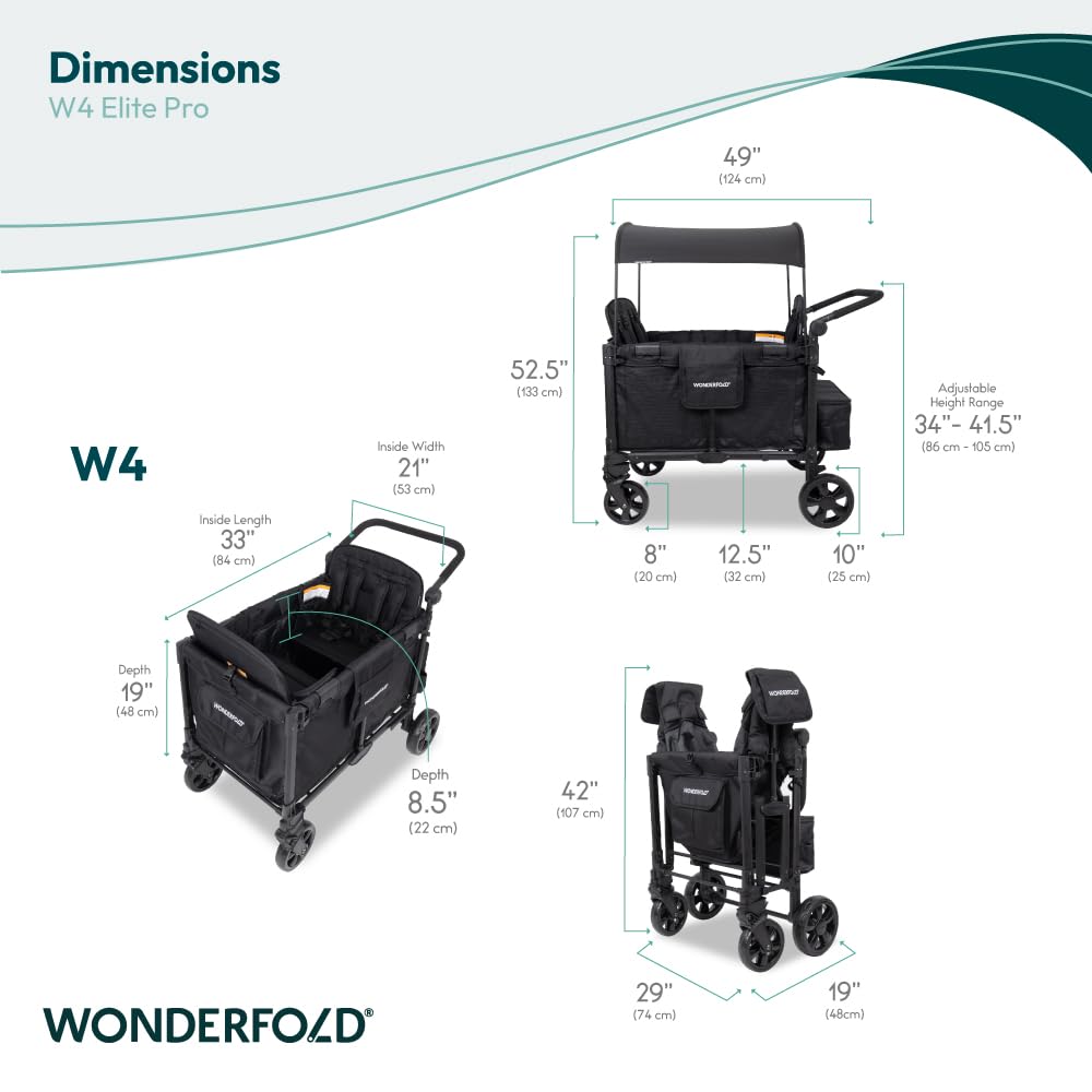 WonderFold W4 Elite Pro Stroller Wagon - Foldable Wagon with Aluminum Frame - Adjustable Canopy & Push Handle - All-Terrain Wheels - For Babies, Toddlers & Kids - 4 Seater - Jet Black