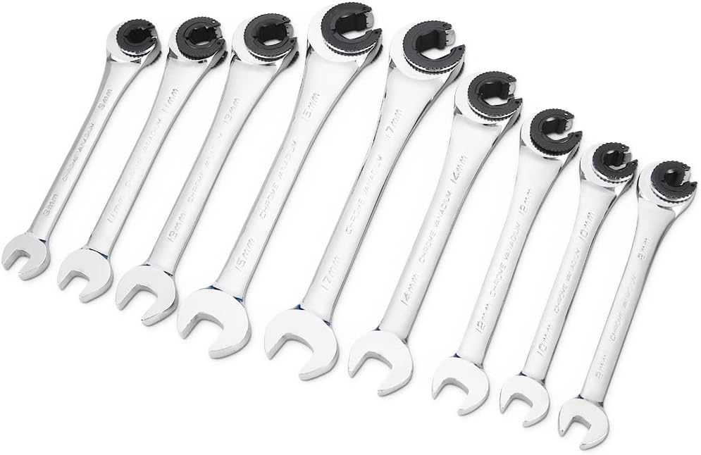 Anbull Tubing Ratchet Wrench Set Metric 9pcs（8-17mm）, Combination Ratcheting Wrench Set with Open-end Fixed Head, 72 Gears CR-V Chrome Vanadium Steel Constructed