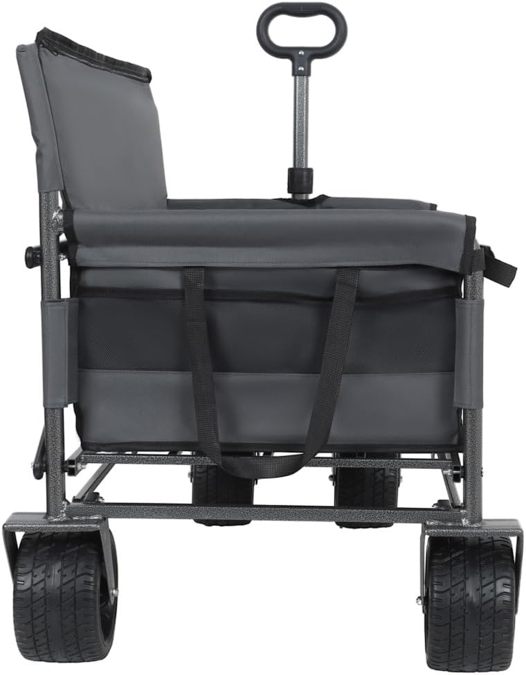 Heavy-Duty Folding Utility Wagon with All-Terrain Wheels and Convertible Seat – 500 lb Capacity, 180L Cargo Space for Outdoor Activities (Gray + Steel)