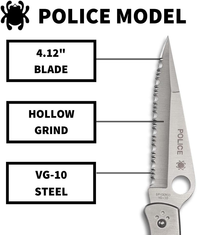 Spyderco Police Model Folding Pocket Knife with 4.2' VG-10 Steel Blade and Stainless Steel Handle - EDC Knife for Men and Women, Perfect for Hunting, Tactical, Camping, Survival - SpyderEdge - C07S