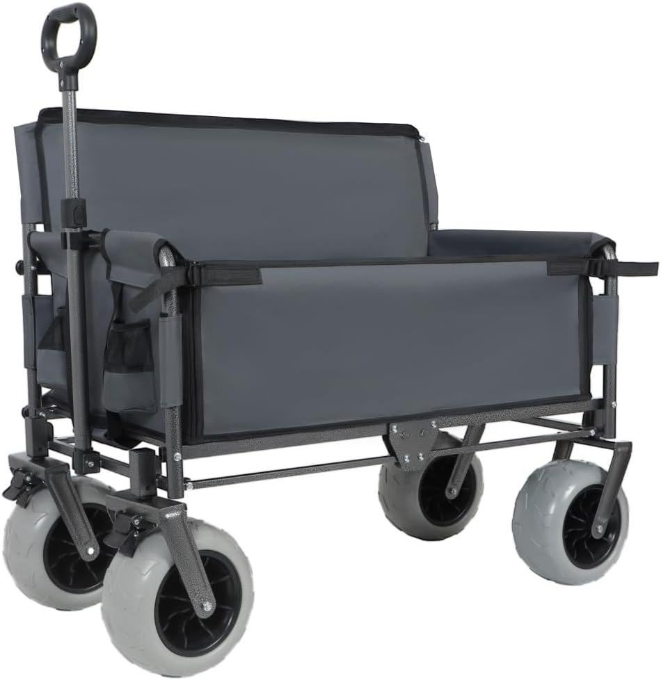 Heavy-Duty Foldable Utility Wagon with All-Terrain Wheels, Bench Seat & Large Storage Capacity for Outdoor Activities, Garden, Beach and Sports (Gray + Steel)