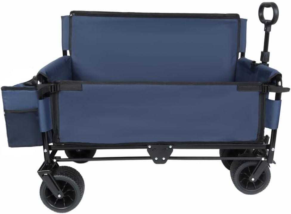 3-in-1 Folding Wagon Cart with Bench Seat and Storage, Heavy-Duty All-Terrain Utility Cart with Removable Cooler Pouch, 500lbs Capacity for Camping, Beach, Sports, and Garden (Dark Blue + Steel)