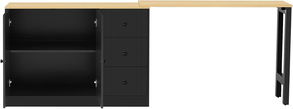 90' Extendable Freestanding Storage Cabinet, Kitchen Storage Bakers Rack with Silent Slides, Utility Food Cupboard with Adjustable Shelf for Kitchen Living Room, Black+Natural