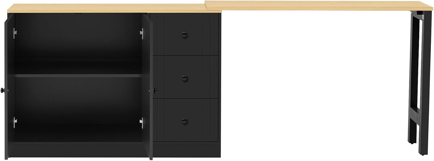 90' Extendable Freestanding Storage Cabinet, Kitchen Storage Bakers Rack with Silent Slides, Utility Food Cupboard with Adjustable Shelf for Kitchen Living Room, Black+Natural