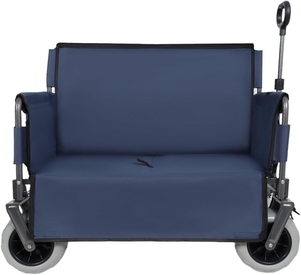 Heavy-Duty Foldable Utility Wagon with All-Terrain Wheels, Bench Seat & Large Storage Capacity for Outdoor Activities, Garden, Beach and Sports (Dark Blue + Steel)