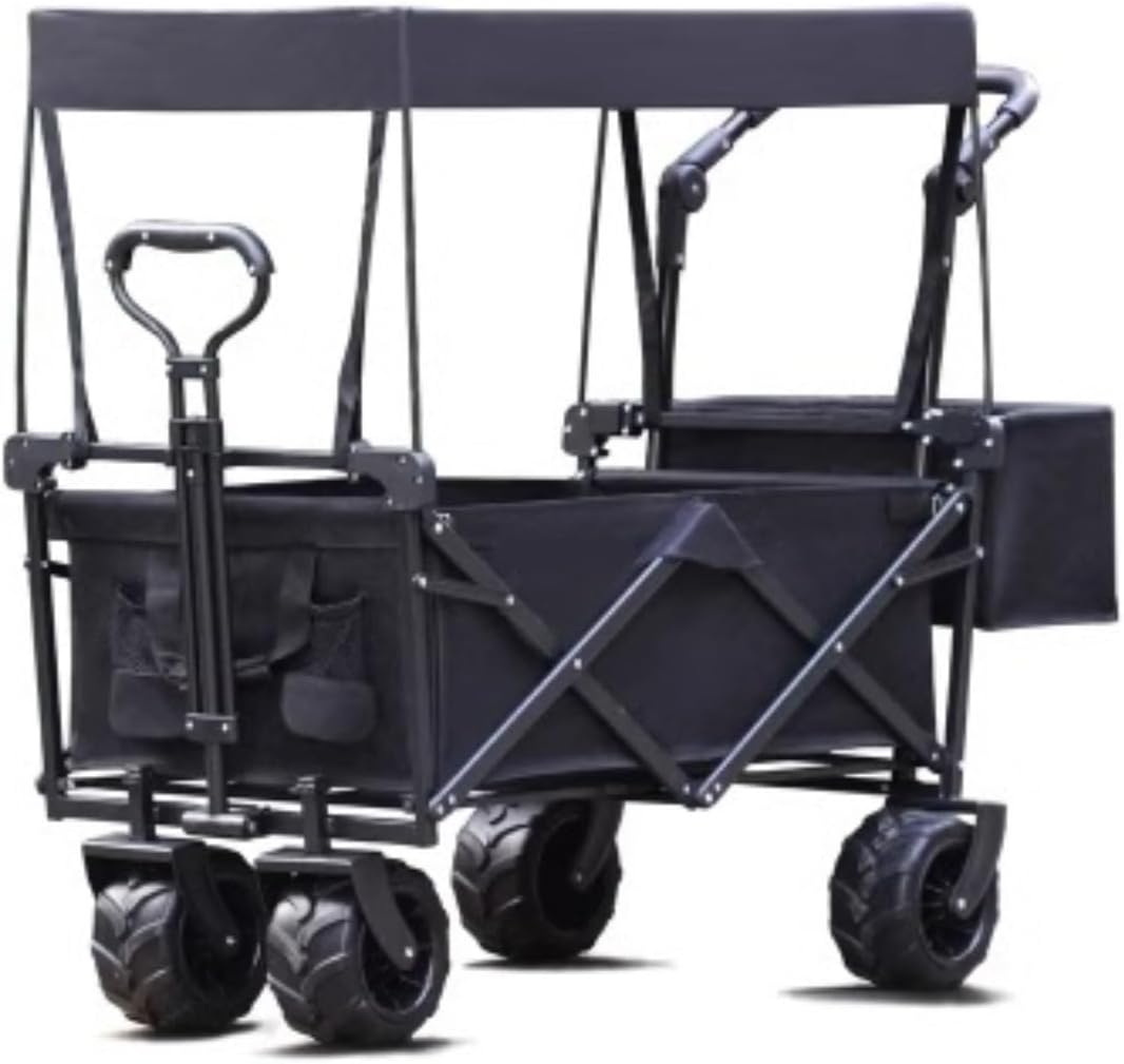 Trolley Cart Wagon Cart with Canopy Wagon Wheels Portable Folding Wagon Adjustable Handles Beach Garden Sports Camping Cart Garden Wagon