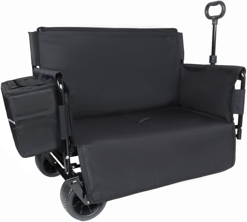 3-in-1 Folding Wagon Cart with Bench Seat and Storage, Heavy-Duty All-Terrain Utility Cart with Removable Cooler Pouch, 500lbs Capacity for Camping, Beach, Sports, and Garden (Black + Steel)