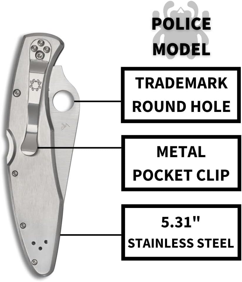 Spyderco Police Model Folding Pocket Knife with 4.2' VG-10 Steel Blade and Stainless Steel Handle - EDC Knife for Men and Women, Perfect for Hunting, Tactical, Camping, Survival - SpyderEdge - C07S