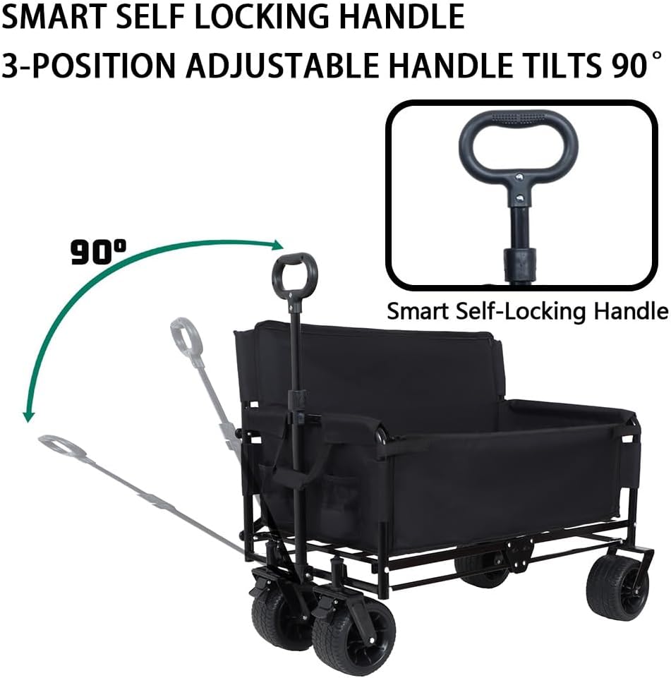 3-in-1 Convertible Folding Wagon Cart with Seat & Storage, 500lbs Heavy-Duty Utility Wagon, 180L Capacity, All-Terrain 360° Swivel Wheels for Camping, Beach, Sports, Garden (Black)